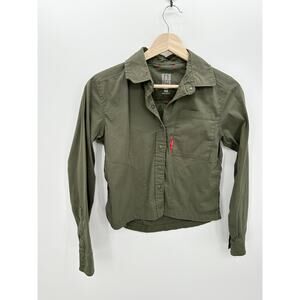 Topo Designs Button Down Shirt Women XS Olive Green Cropped Collar Cotton Nylon